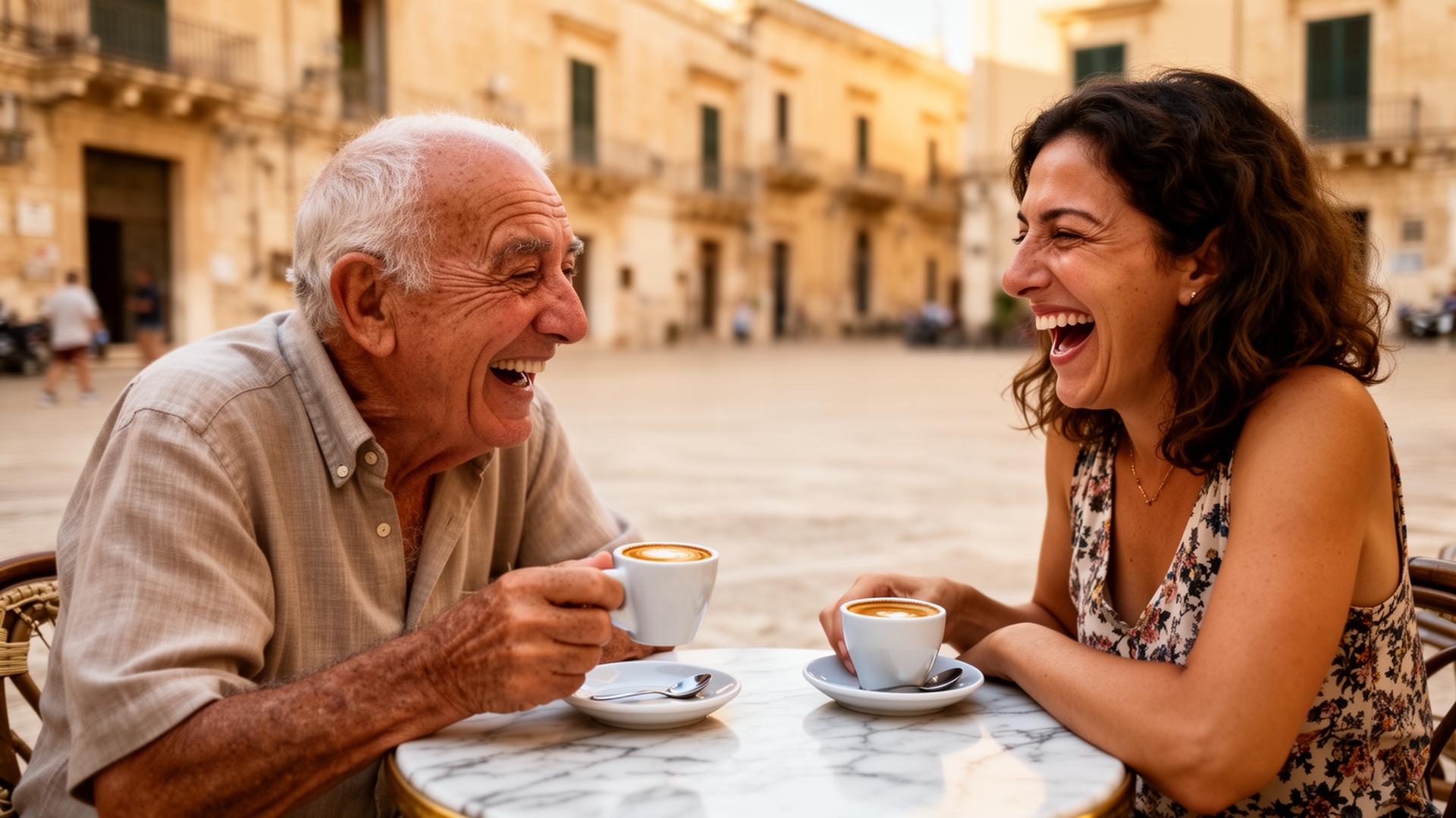 A Salemi local and an expat sharing espresso in the piazza
