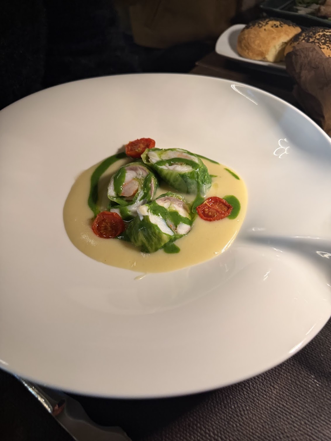 Fish-stuffed pasta with cream sauce and roasted cherry tomatoes at a Salemi restaurant