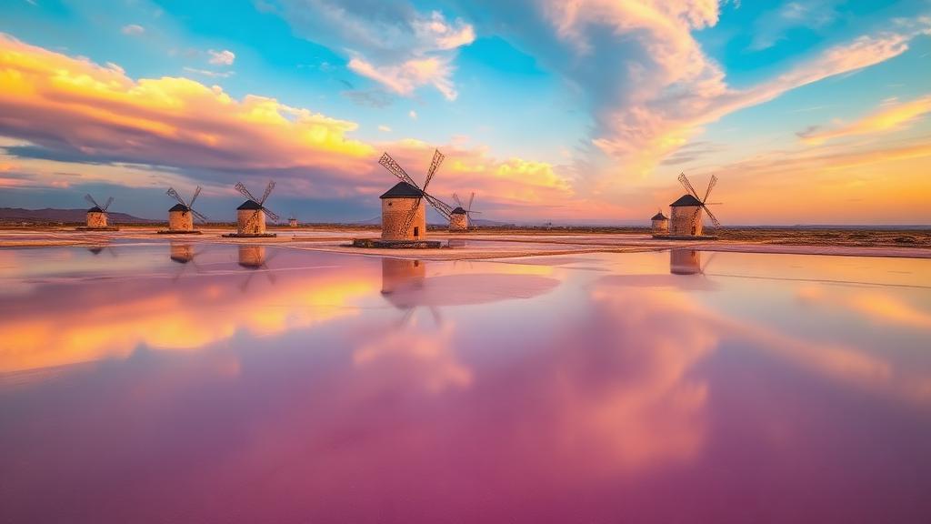 Marsala salt flats with historic windmills at sunset
