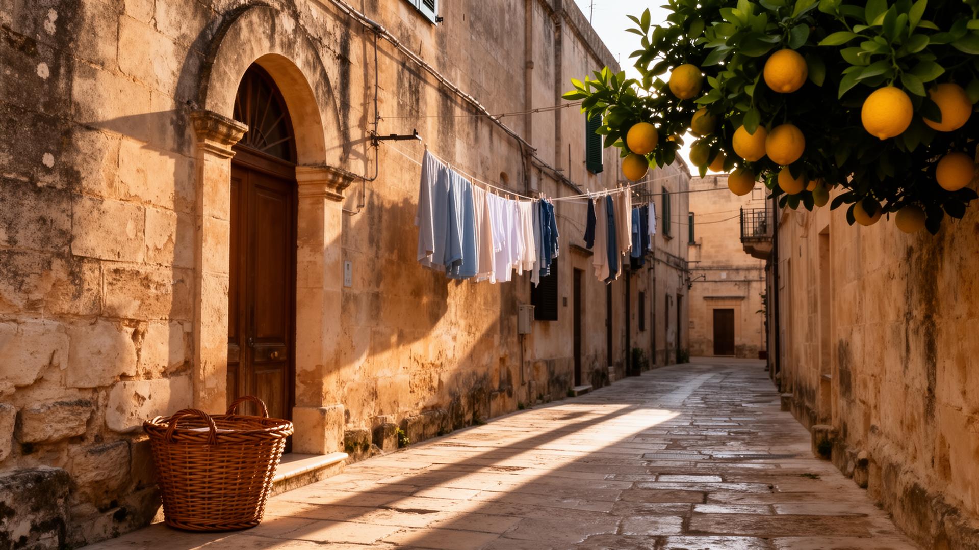 A quiet stone alley in Salemi with lemon trees and a basket by an old doorway
