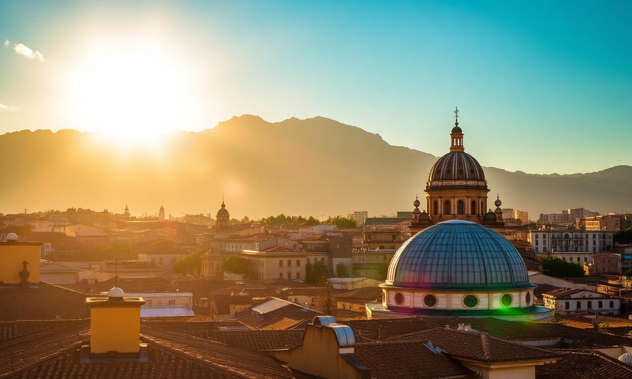 Golden hour view of Palermo's domes and rooftops with Monte Pellegrino in the background